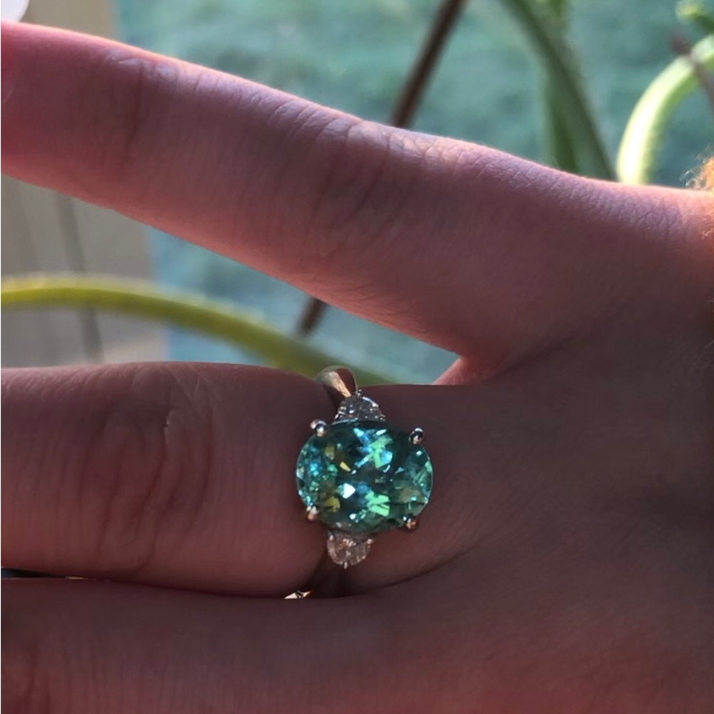 3.99 ct.  PARAIBA TOURMALINE colorless Half moon cut DIAMONDS 950 PLATINUM ring - Picture 17 of 17